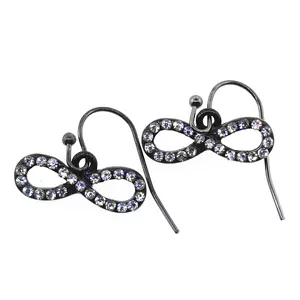 3/4" X 1/4" Black Color Infinity Shape Hook Earrings with White Crystals - Foto 1 di 2