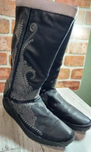 Puma Monsoon Black Leather White Embroidery Pull-On Boot Sz 9.5 W - Picture 1 of 7