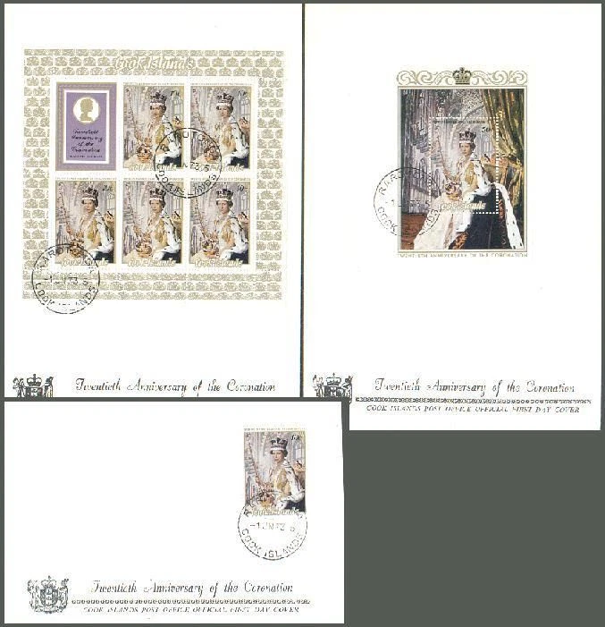 Cook Isls 349,349 sheet,350,3 FDC.Michel 357,klb,Bl.23. Coronation QE II,20,1973 - Image 1 of 1