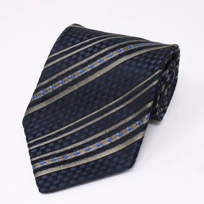 Corbata para hombre Romeo Gigli 100 % seda texturizada azul marino tejida Italia oro rayas a cuadros Foto 1 de 4