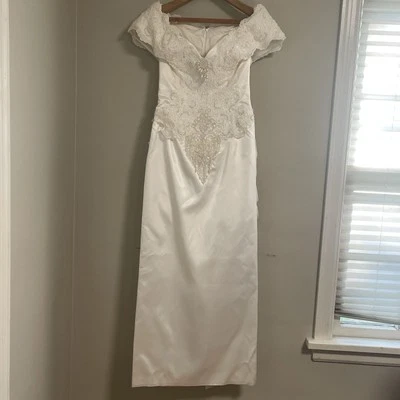 Wedding Dress XS Satin Sheath Lace Pearls Detachable Train Removable Sleeves Hat - Image 1 of 4