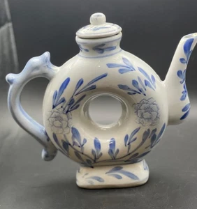 Vintage Chinese Porcelain Blue and White Donut Hole Teapot Unmarked 8” wide - Picture 1 of 11