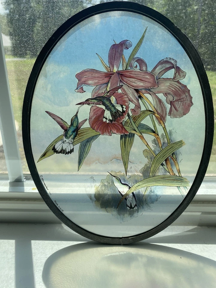 Colibríes e iris de vitral, Glassmasters Copyright 1990, marco con plomo Foto 1 de 1