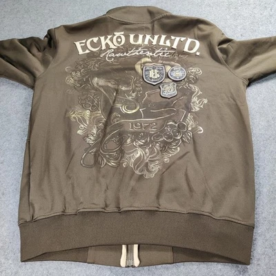 Chaqueta Ecko Unltd Para Hombre Mediana Marrón Cremallera Completa Pista Gráfico Parches 1972 Foto 1 de 4