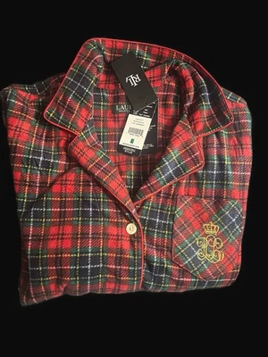 Conjunto de pijama polar a cuadros azul rojo verde Ralph Lauren 2 piezas logotipo bordado grande Foto 1 de 2