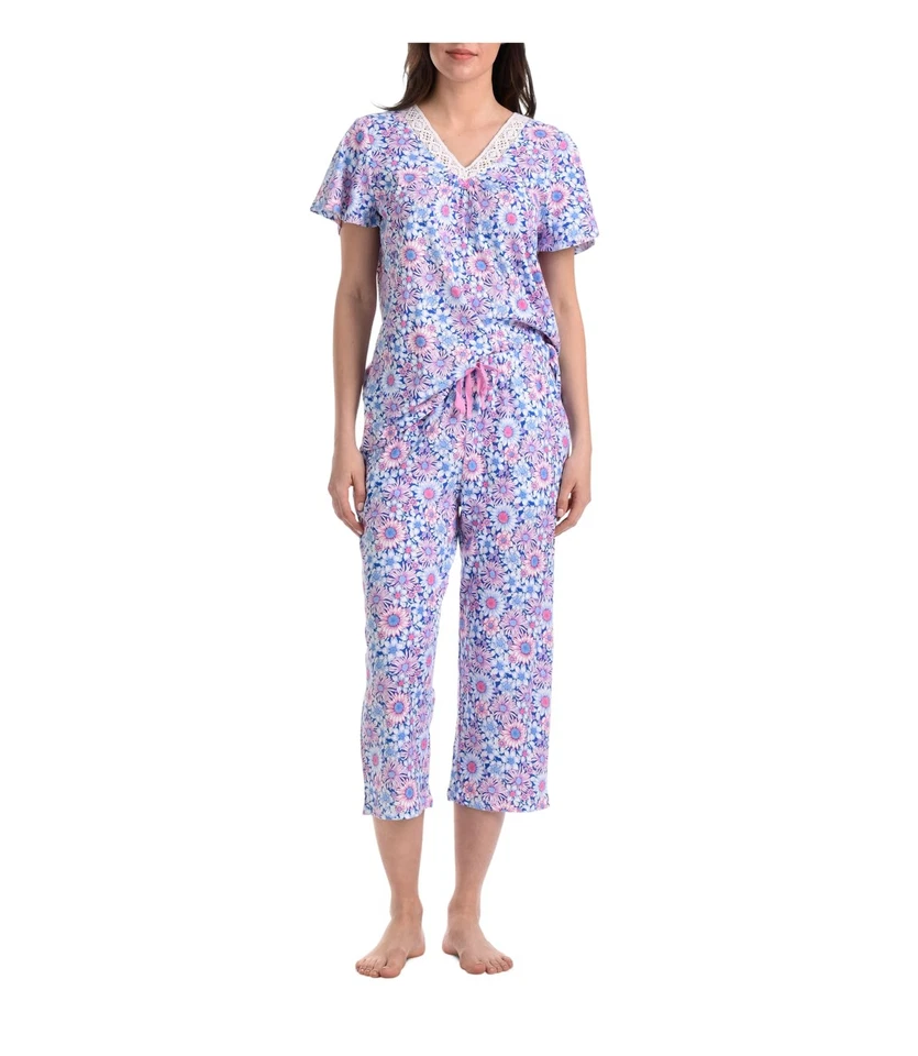 Karen Neuburger Womens Flower Patch Knit Cropped Pajama Set Style-RLK0097 Blue - Image 1 of 1