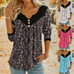 Ladies Summer Floral V Neck Tops Blouse Long Sleeve Tunic Tee T-shirts Plus Size - Picture 1 of 11