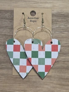 GENUINE Leather Backed Cork Heart Earrings Red and Green Check 3.5" - Picture 1 of 1