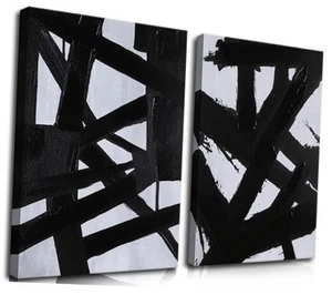 And White Abstract Canvas Wall Art Set of 2, 12 L" x 16 W" Black Wrapped Canvas - Picture 1 of 7