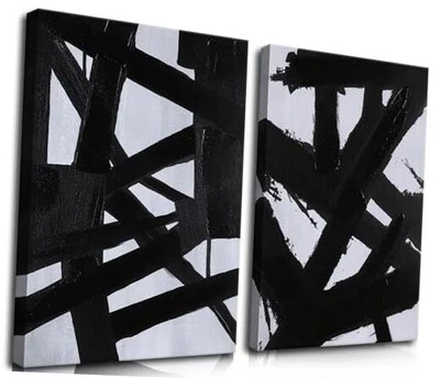 And White Abstract Canvas Wall Art Set of 2, 12 L" x 16 W" Black Wrapped Canvas - Image 1 of 4