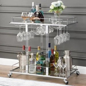 Silver Bar Cart for Home Bar Chrome Serving Cart with Wine Rack 2-Tier Acryli... - Picture 1 of 8