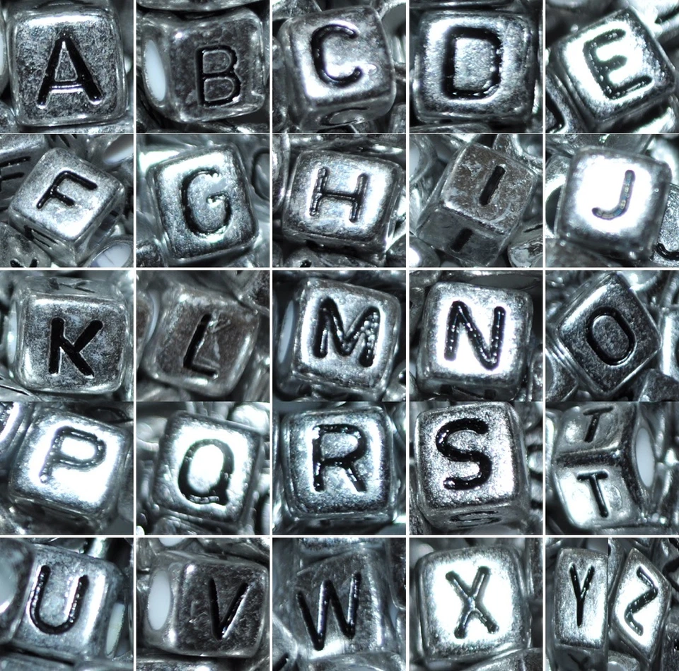 AAA alphabet letter beads, 6 mm silver cube BLACK letter mixed & single A, B..Z - Image 1 of 1