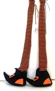 Pair - 33" Striped Black/Orange Stuffed Witch Stocking Legs Halloween Decoration - Picture 1 of 3