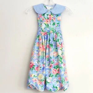 Vintage 90s Bonnie Jean Floral Sleeveless Dress Blue Collar Sundress Scalloped 7 - Picture 1 of 8