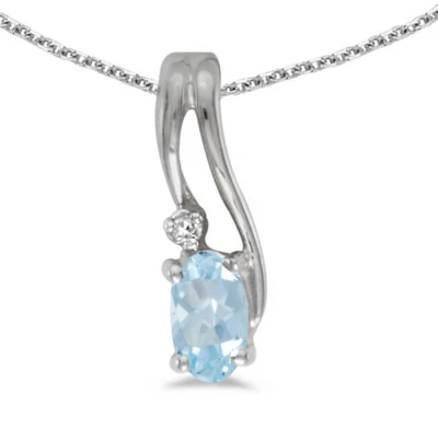 14k White Gold Oval Aquamarine And Diamond Wave Pendant with 18" Chain - Image 1 of 3