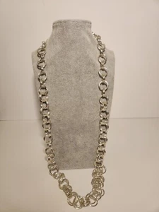 Chunky Silver Tone Textured Big Link Chain Round Circle Long Necklace 2YK - Picture 1 of 6