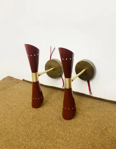 1950's Mid Century Brass Italian Diabolo Brown Wall Sconce Light -Fixture 2 Bulb Cover