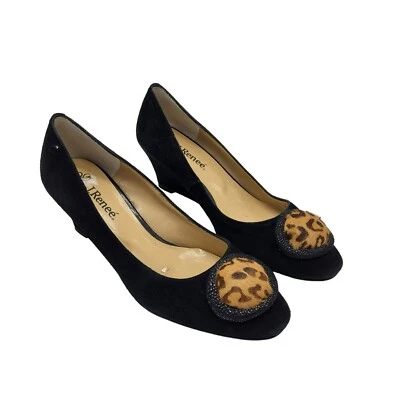 J Renee Aries Suede Wedge Heels Black Leather Leopard & Bead Toe Women's 7M - Image 1 of 4