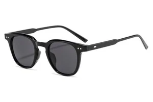 Men's Unisex Black Rounded Preppy Sunglasses with Black Lenses - Picture 1 of 1