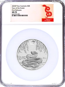 2025 Australia .9999 Silver Lunar Year of the Snake NGC MS70 5oz $8 Coin FR - Picture 1 of 2