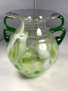 Handblown Studio Art Emerald Limegreen White Handled Vase  - Picture 1 of 7