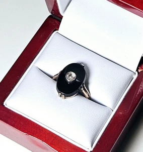 Vintage Diamond Onyx Old Mine Cut Ring 14k Gold Band Black 1/4 Carat Size 6.5 - Picture 1 of 7