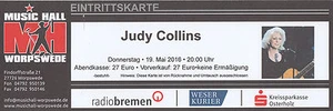 Biglietto JUDY COLLINS Worpswede Music Hall | biglietto usato del 19.5.16 - Foto 1 di 1