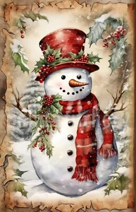 Vintage Victorian Christmas Snowman & Holly #5 Craft Sewing Cotton Fabric Block - Picture 1 of 1