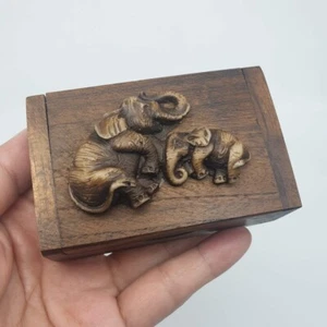 Box Teak Wood Toothpick Holder Handmade Vintage Style Elephants Coin Wooden - Picture 1 of 10