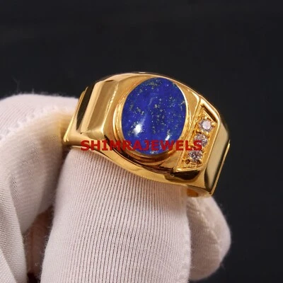 天然 Lapis Lazuli & CZ 镀金 925 纯银男式戒指 #1050 — 第 1/4 张图片