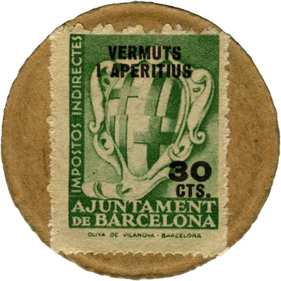 ☆ SPAIN ☆ CIVIL WAR ENCASED POSTAGE STAMP • REPUBLICA 30c• TIMBRE MONNAIE ☆D8297 - Image 1 of 4