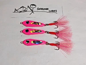3 - 3/4 oz Slab Fishing Casting Jigging Lure Lead Spoons Pink & holographic - Picture 1 of 6
