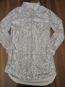 Judith March Sequin Button Down Shirt Dress Tunic Top Womens M Champagne Silver - Picture 1 of 18