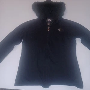 Womens Harley Davidson Hooded Jacket Size L Black Full Zip Up Faux Fur Trim - Picture 1 of 7