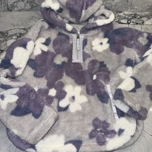 Abercrombie Kids 11/12 Gray Purple Floral Sherpa Fleece Pullover Hooded  - Picture 1 of 2