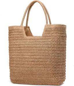 Straw Beach Bags for Women Woven Tote Bag Casual Boho Large C Khaki - Picture 1 of 7