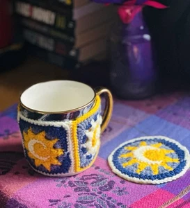Celestial Sun And Moon Crochet Mug Hug/Cosy With Matching Felt Backed Coaster - Picture 1 of 7