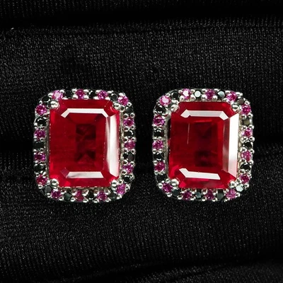 Pendientes de oro blanco hechos a mano de plata de ley 925 de 9,02 quilates con rubí rojo sangre de paloma Foto 1 de 4