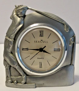 VINTAGE Seagull Canada Pewter (Etain Zinn) Alarm Clock - Golfer Club & Flag 1991 - Picture 1 of 9