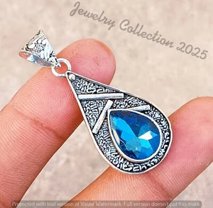 Elegant Topaz Blue Gemstone Designer Pendant 925 Silver Plated Handmade Jewelry - Picture 1 of 6
