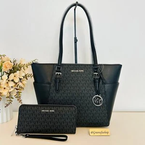 Michael Kors Cartera y Cartera Charlotte Top Bolso de Hombro con Cremallera Negro Firma - Imagen 1 de 11