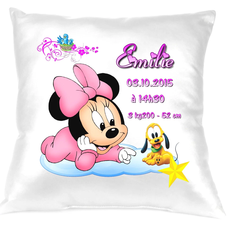 coussin naissance bébé fille en satin blanc texte prenom personnalisé réf 48 - Photo 1/1