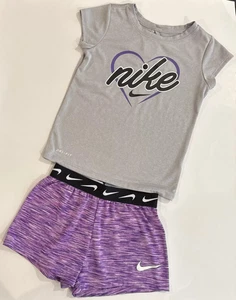 Nike Dri Fit Shirt Top & Shorts Set 2Pc Outfit Purple Gray Girls Small 4-5Yrs - Picture 1 of 21