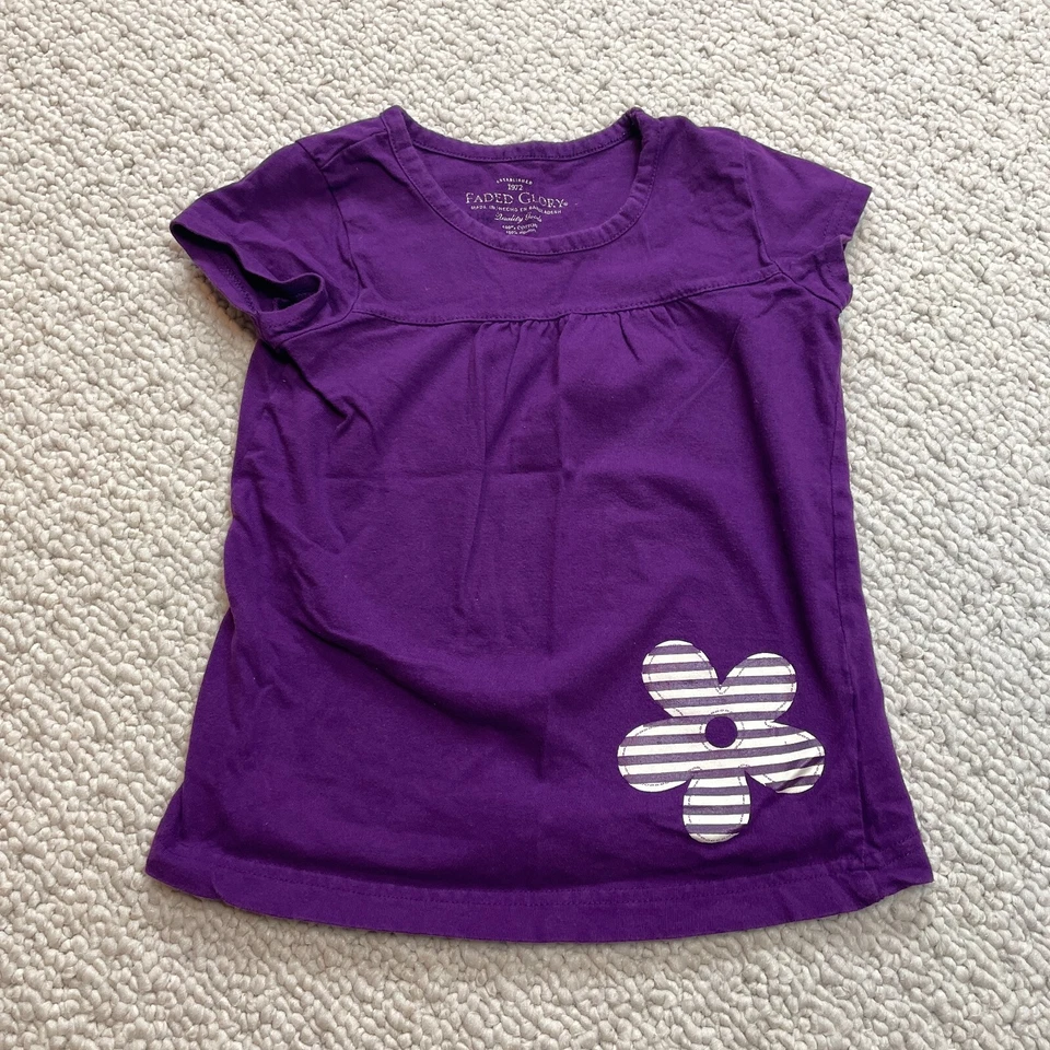 Faded Glory Shirt Girls 6 Cap Sleeve Cotton Purple with White Flower Casual Top - Image 1 of 4