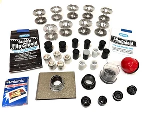 PHOTOGRAPHY LOT:  DARKROOM ITEMS = 7 LENSES + 9 METAL FILM REELS + FILM + MORE + - Picture 1 of 10