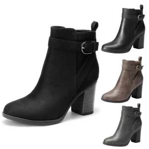 Women Zip Up Round Toe High Chunky Heel Fashion Ankle Boots Booties - Picture 1 of 38
