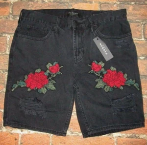 MENS PACSUN ROSES FLORAL SLIM FIT BLACK DISTRESSED DENIM SHORTS SIZE 30 - Picture 1 of 2