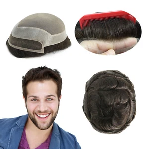 Mens Lace Front Toupee Human Hair Replacement System Black Hairpiece 8x10 #1B - Picture 1 of 10