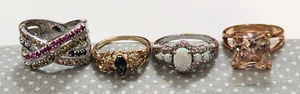 Lot of 4 Costume Rings Goldtone Silvertone Rhinestones CZ Faux Opal Crystal - Picture 1 of 14