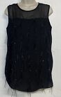 Vince Camuto Small Sleeveless Blouse Black Feather Detail Mesh Scoop Neck Tank 